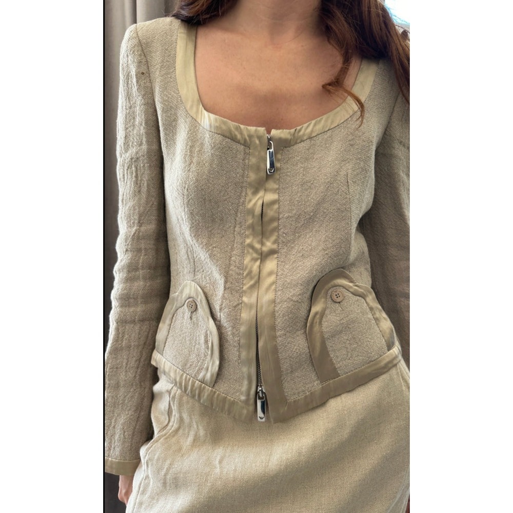 Emporio Armani Womens Linen Scoop Neck Blazer Jacket Size 14 Tan Designer